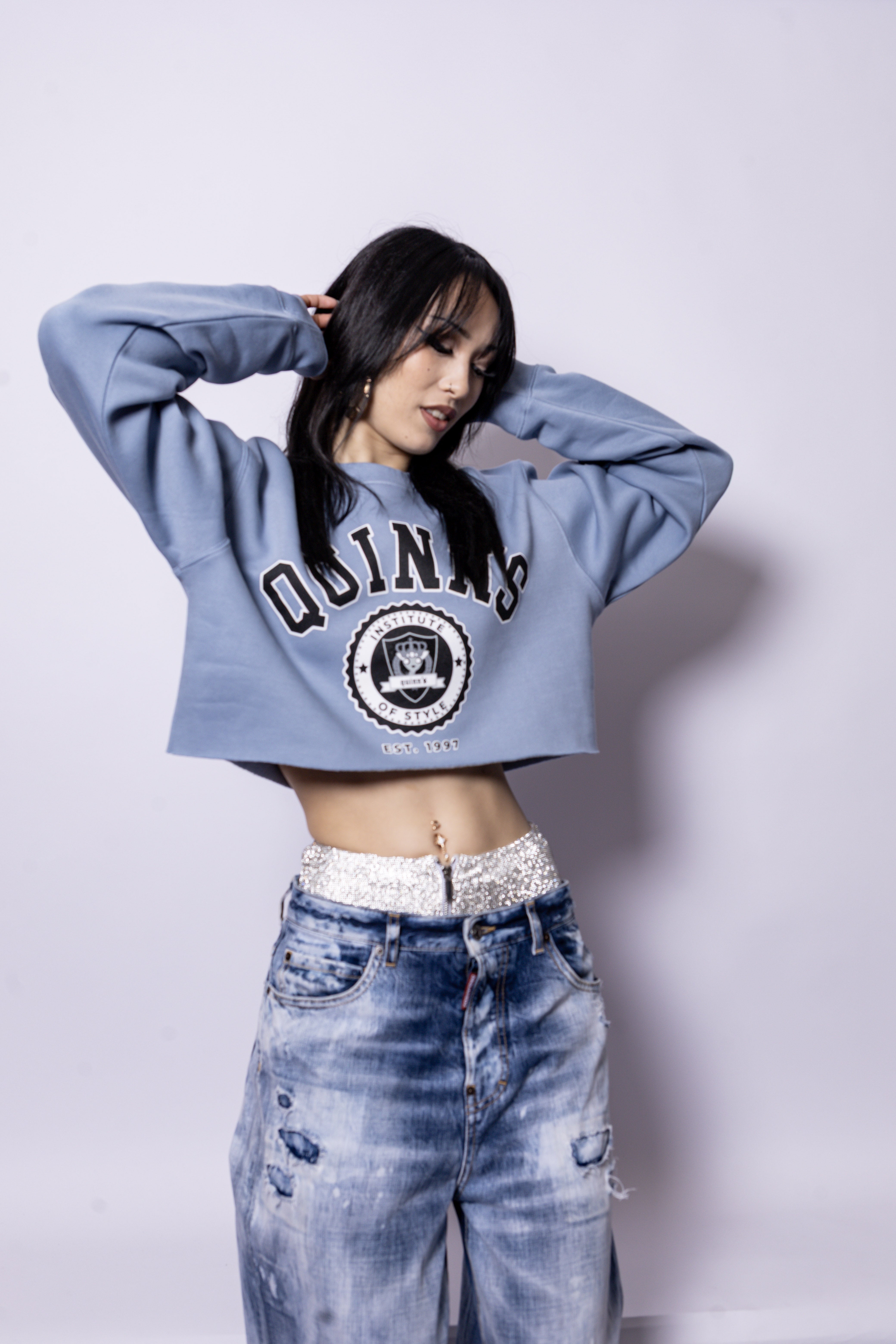 Quinn's Cropped College Sweater Light Blue
