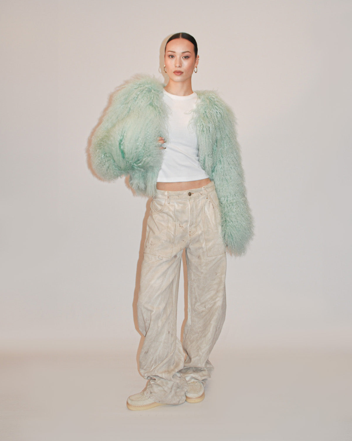 Pastel Green Sheepskin Coat Mongolian Fur Mint Green Fur Coat S/S