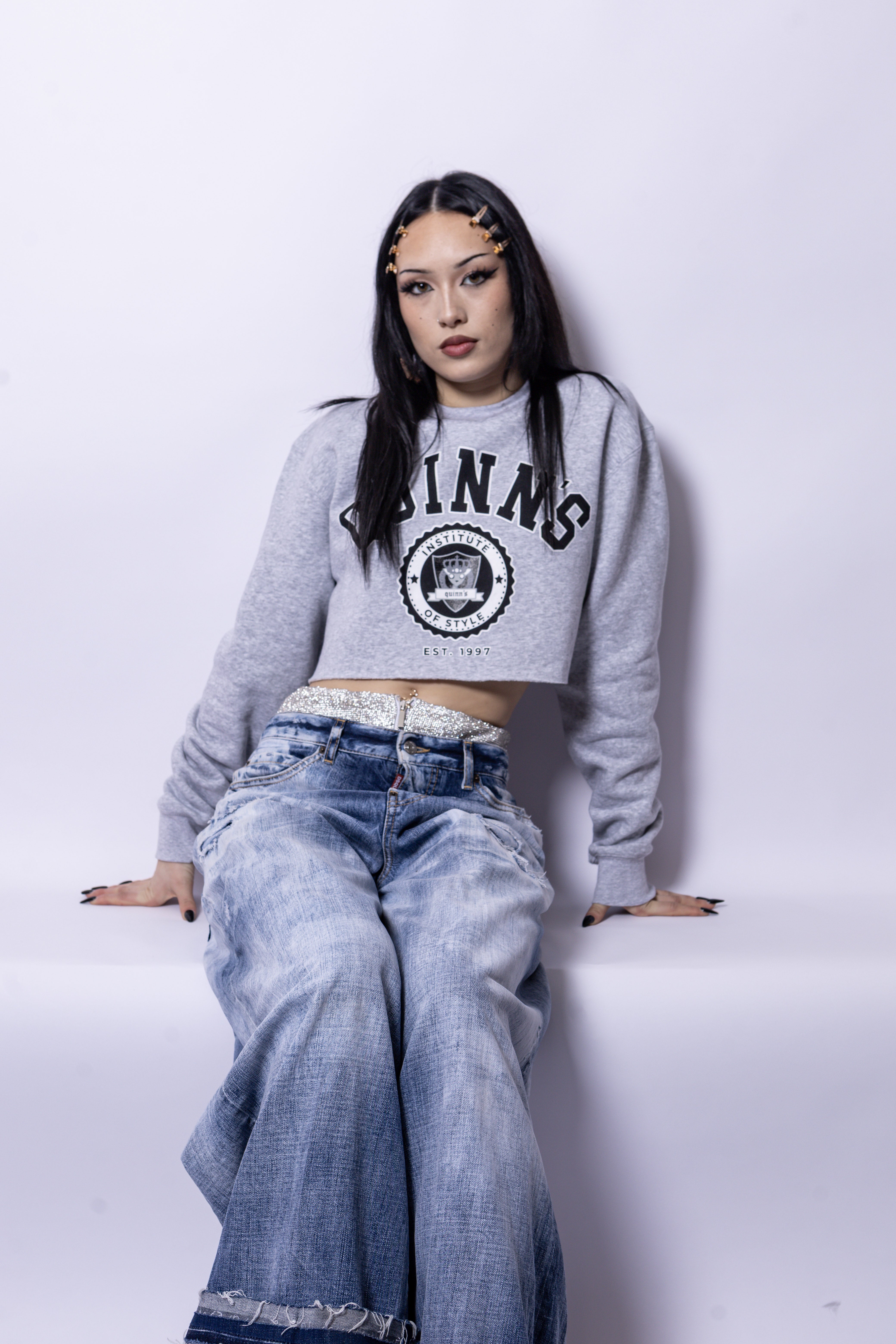 Quinn's Cropped College Sweater Grey