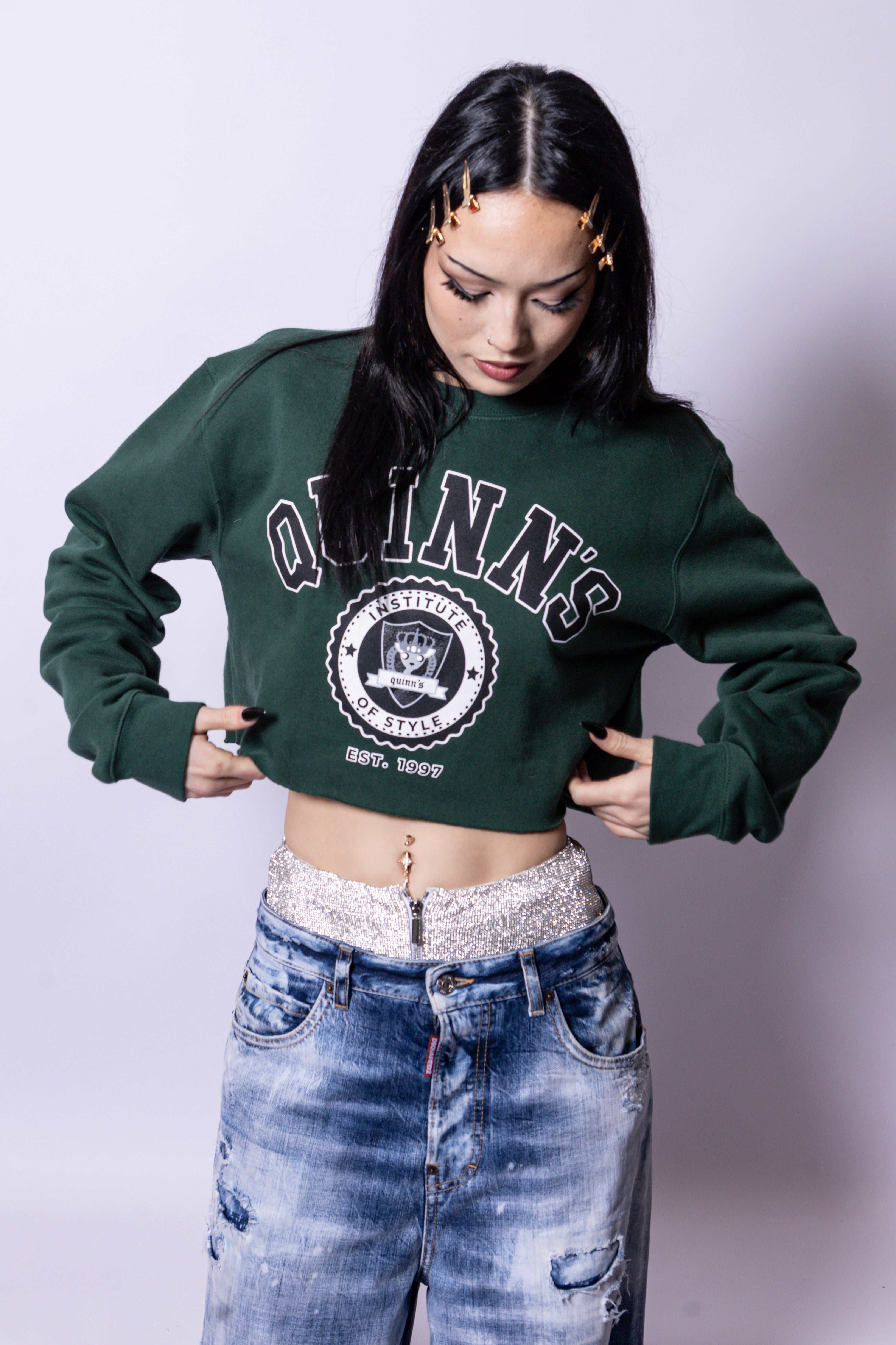 Quinn's Cropped College Sweater Green