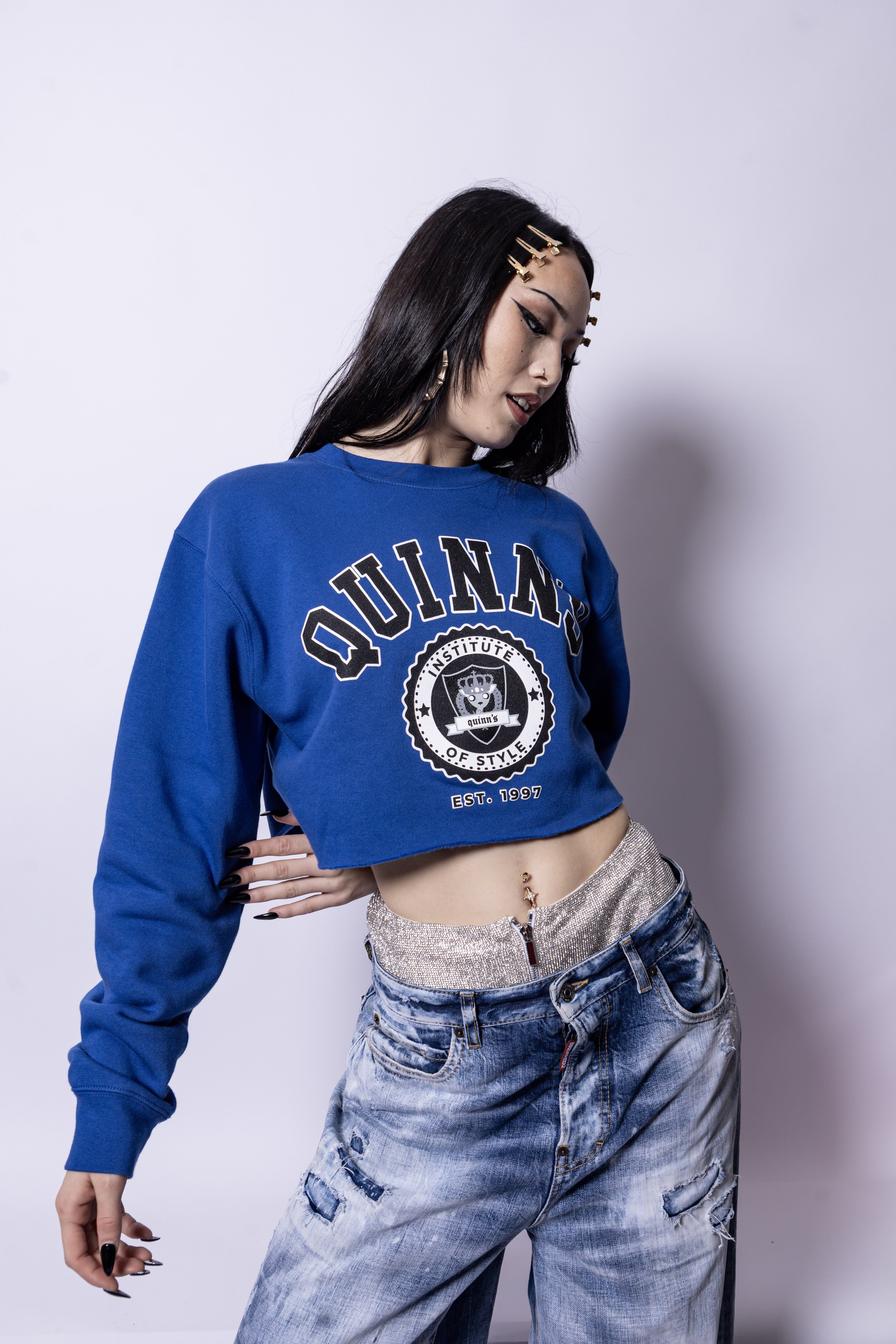 Quinn's Cropped College Sweater Cobalt Blue