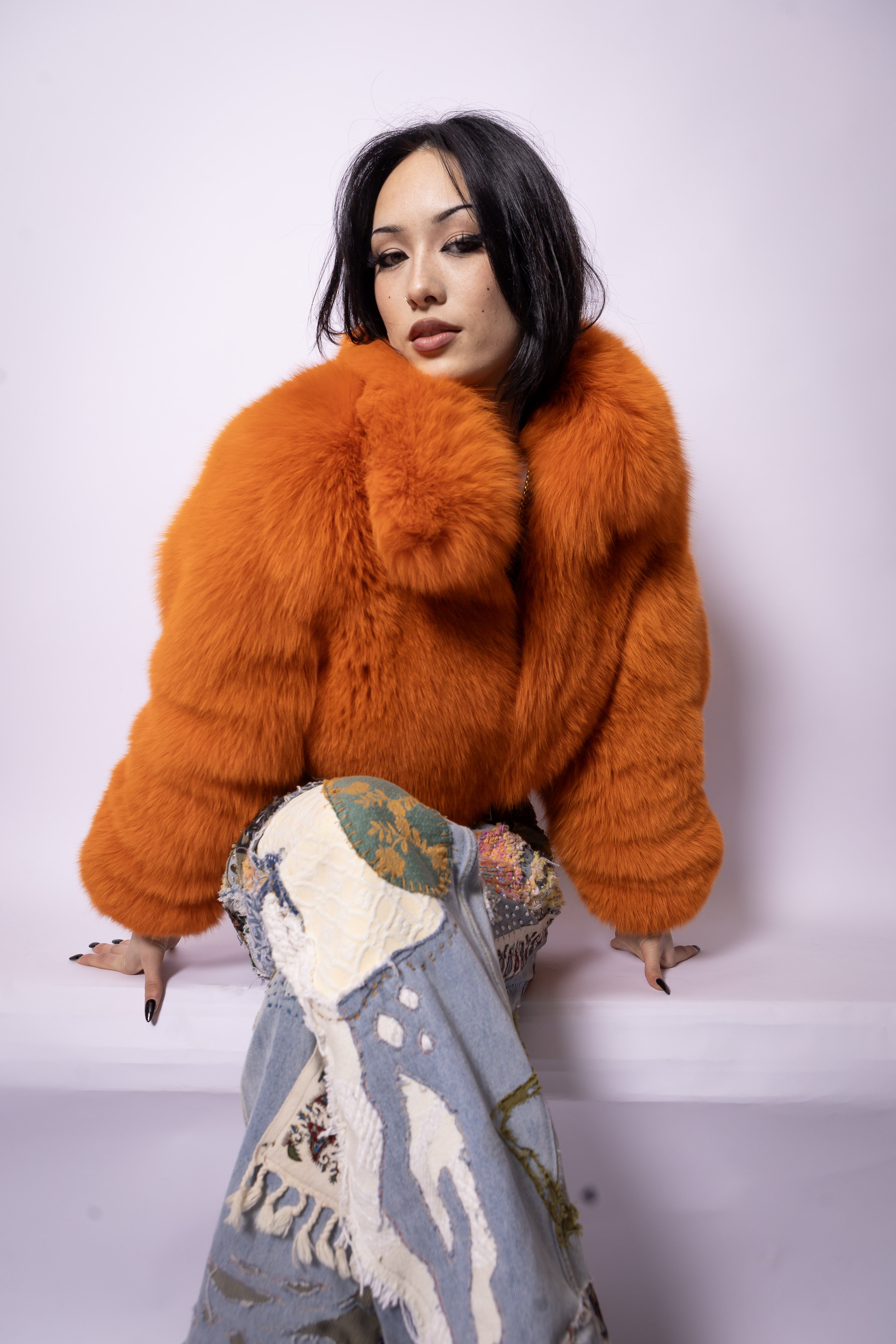 Faux Fur Cropped Bomber - Orange