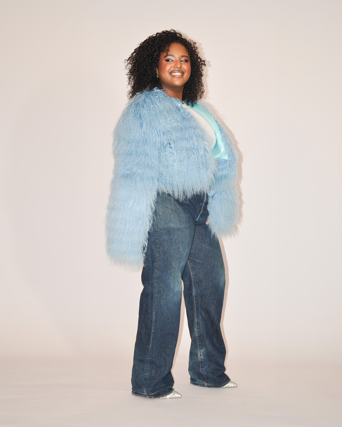 Mongolian Lamb Fur Jacket - Baby Blue