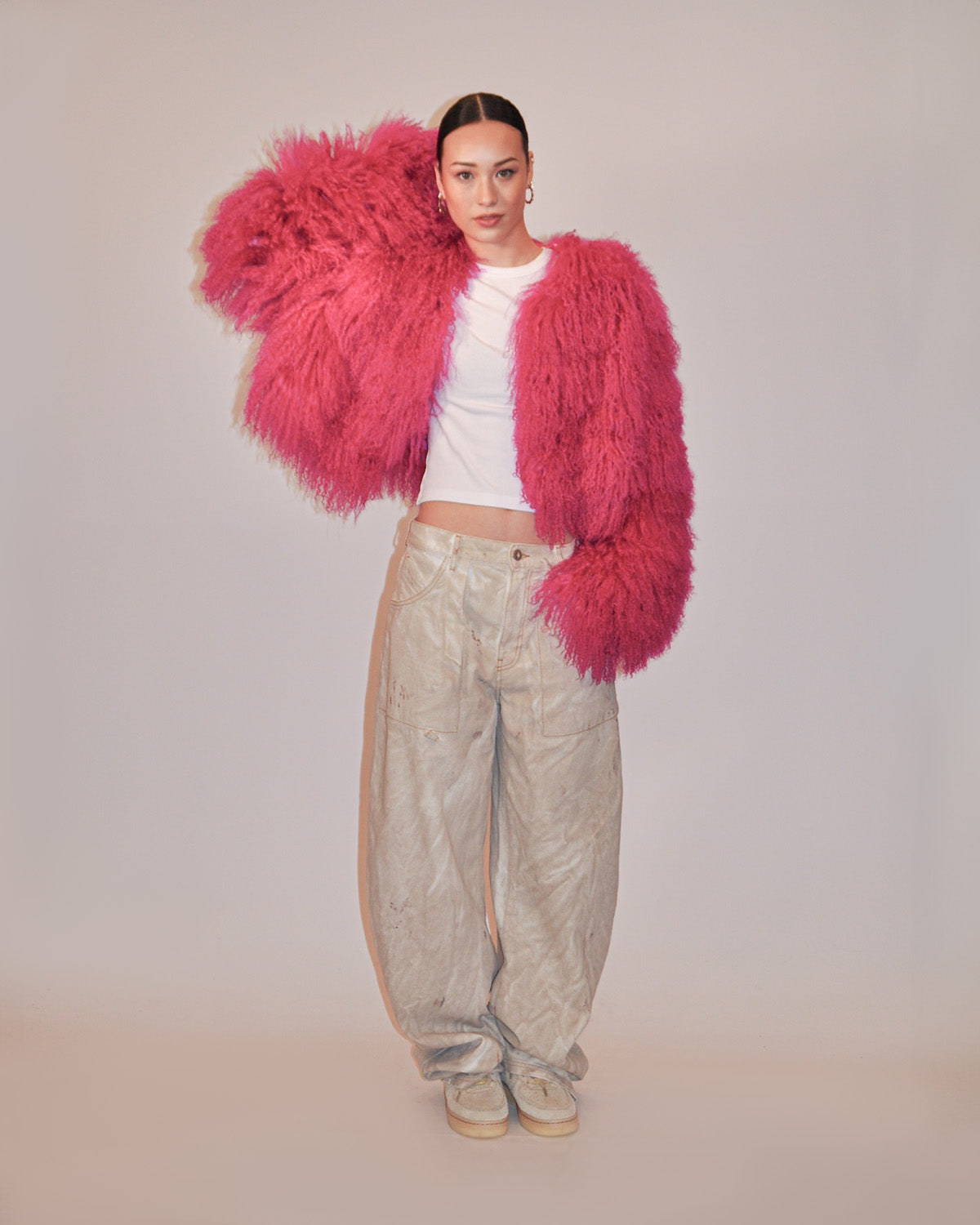 Mongolian Lamb Fur Jacket - Fuchsia