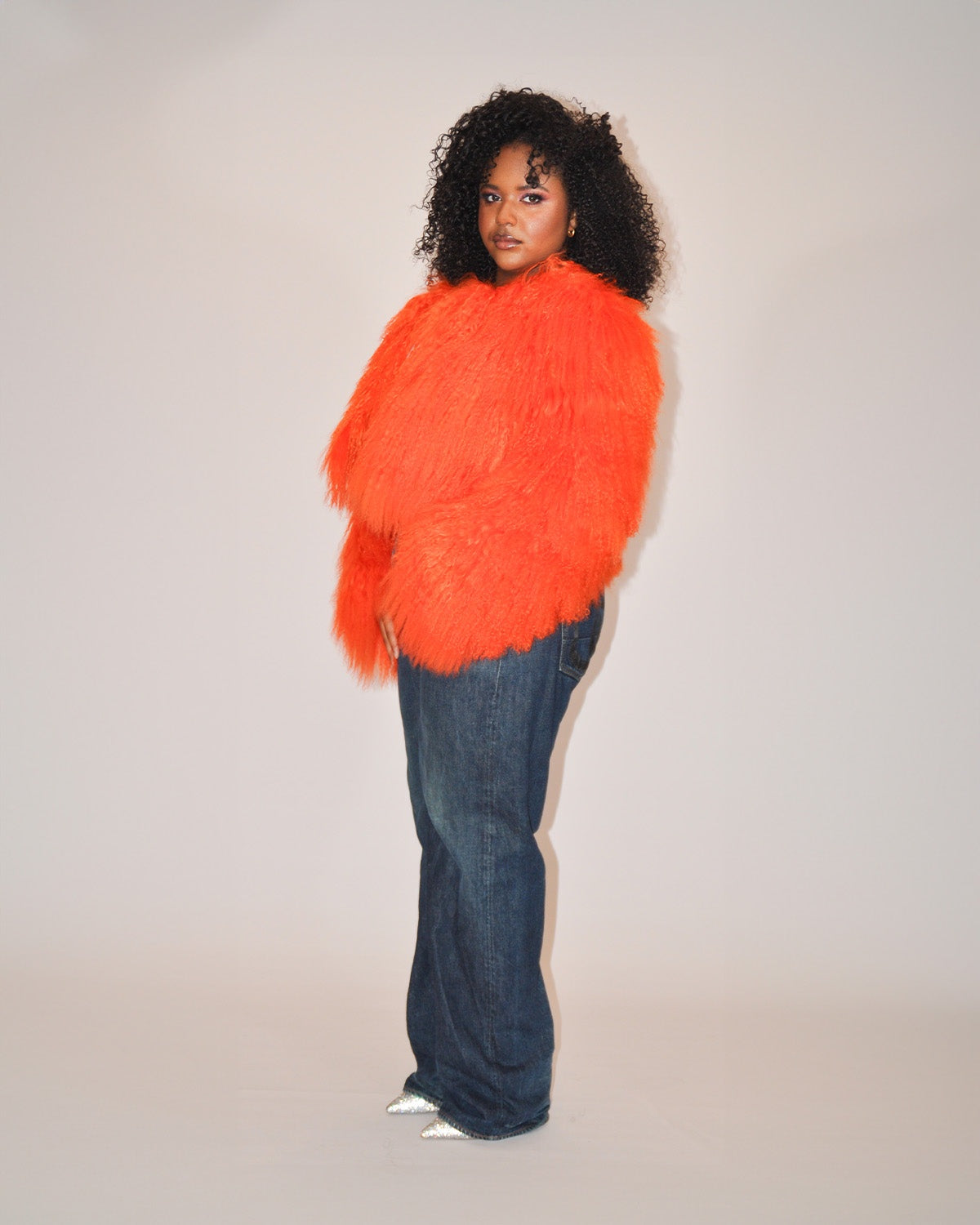 Mongolian Lamb Fur Jacket - Orange